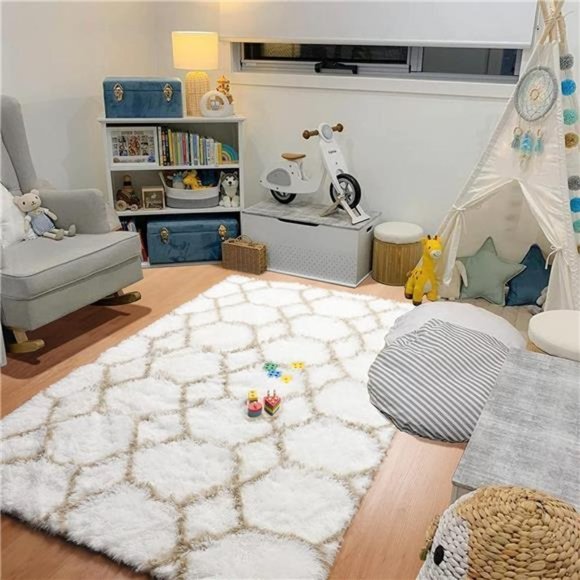 New White/Beige Soft Fluffy Area Rug - Picture 5 of 6